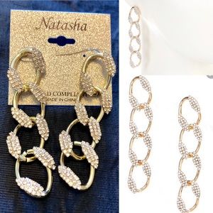 Natasha-Gold Toned-Crystal Embellished Link Drop Earrings-NWT